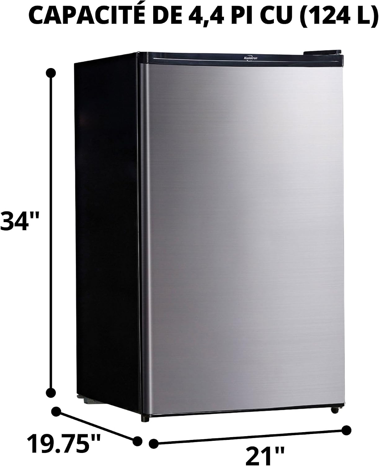 Koolatron Stainless Steel Compact Fridge with Freezer, 4.4 cu ft (124L), Silver and Black, Flat Back, Reversible Door, for Snacks, Frozen Meals, Beverages, Beer, Den, Dorm, Office, Rec Room, Home Bar