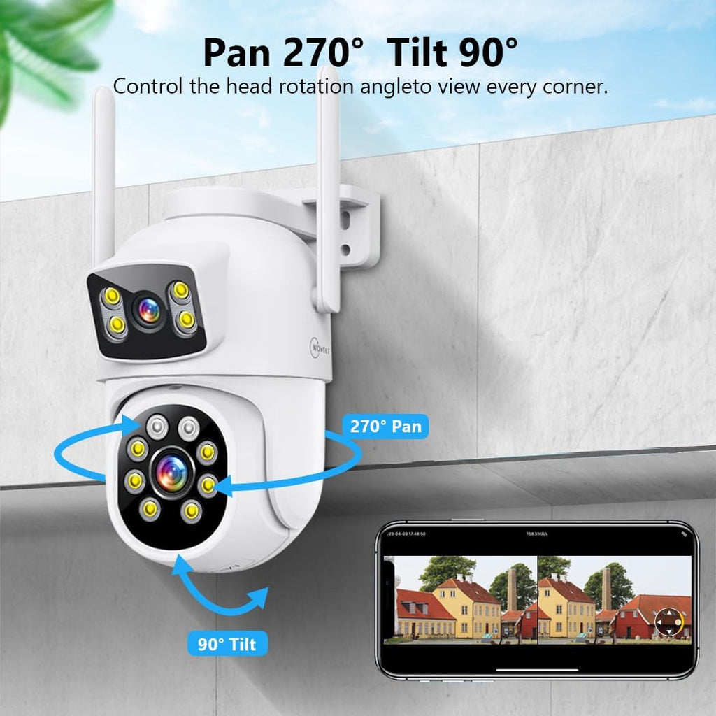 MOVOLS Wireless Security Camera System 5G/2.4G WiFi 4pcs 4MP+4MP Dual Lens Camera with 10' LCD Monitor Screen NVR System,2K HD PTZ Cameras with Color Night Version, Motion Detection,500GB HDD,10CH