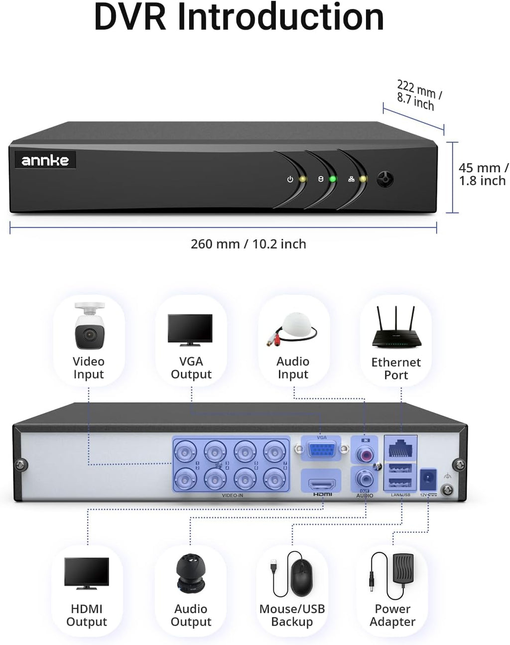 ANNKE 8 Channel 3K Lite Security Digital Video Recorder with 1TB Hard Drive, H.265+ Hybrid 5-in-1 Surveillance DVR, Human & Vehicle Detection, Supports 8CH Analog and 2 IP Cameras for 24/7 Home CCTV