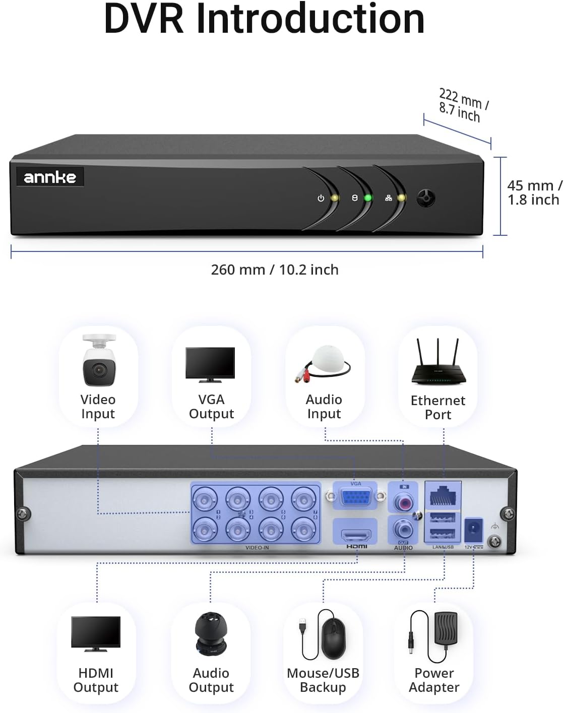 ANNKE 8 Channel 3K Lite Security Digital Video Recorder with 1TB Hard Drive, H.265+ Hybrid 5-in-1 Surveillance DVR, Human & Vehicle Detection, Supports 8CH Analog and 2 IP Cameras for 24/7 Home CCTV