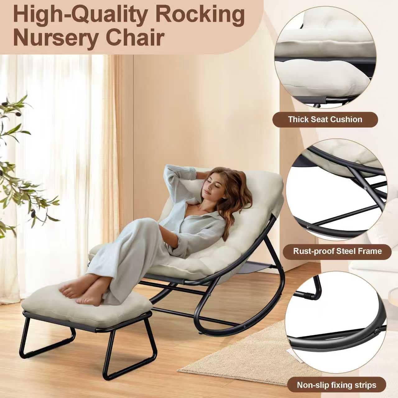 Outdoor and Indoor Rocking Chairs, Comfy Patio Chair, Rocking Chair with Ottoman and Sturdy Metal Frame, Balcony Chairs with Thickened Cushion, Silla Mecedora for Patio Porch Garden Living (White)