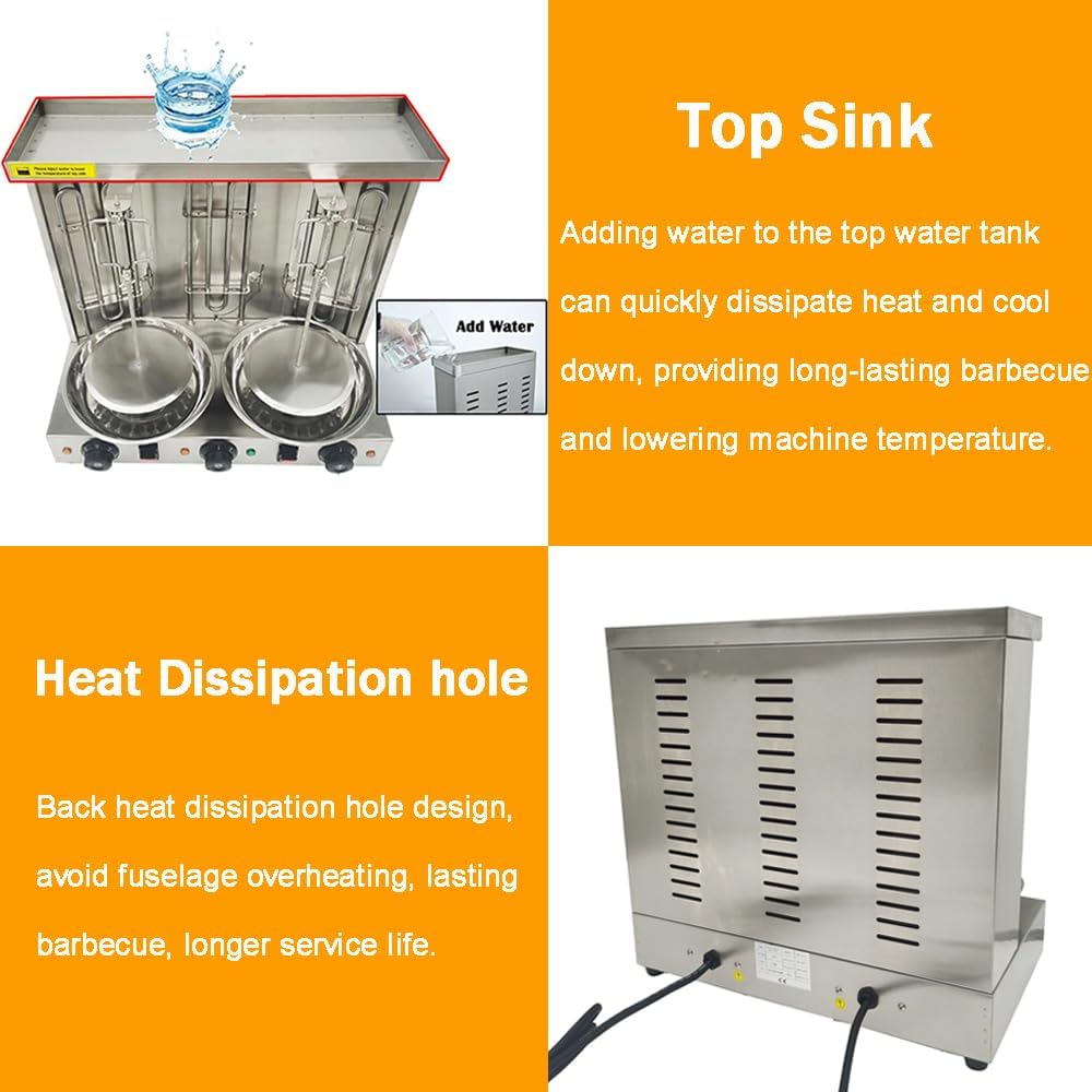 Shawarma Grill Machine Electric Vertical Barbecue Oven with 3 Burners 360° Rotating Kebab Grill Broiler Gyro Rotisserie Oven for Commercial and Home Use