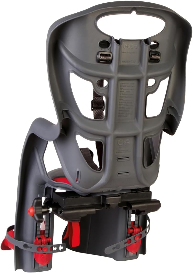 Bellelli Pepe Rear Rack Mount Child Bike Seat - Made in Italy, Comfortable Padded Carrier for Kids Up to 48.5 lbs with Adjustable Safety Harness & Secure Clamp