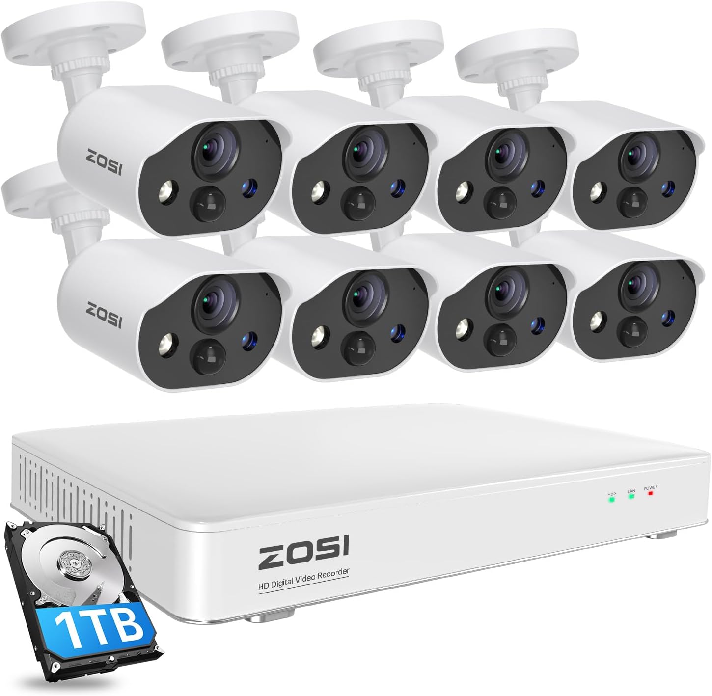 ZOSI C303 8CH Home Security Camera System with Audio, Person Vehicle Detection, Night Vision, Light & Sound Siren, 8pcs 1080P Outdoor Cameras, 8CH 3K Lite H.265+ DVR with 1TB SSD for 24/7 Recording