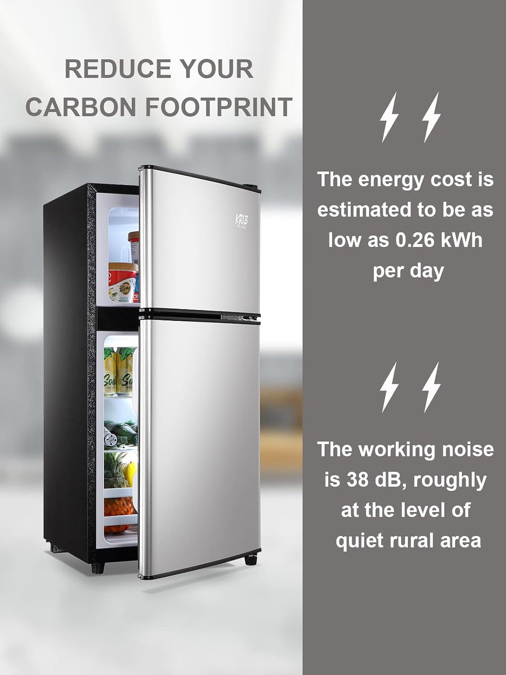 KRIB BLING 3.5 Cu.Ft Mini Fridge,Small Refrigerator 7 Level Adjustable Thermostat Removable Shelves with Stainless Steel 2 door for Office Dorm Apartment Silver