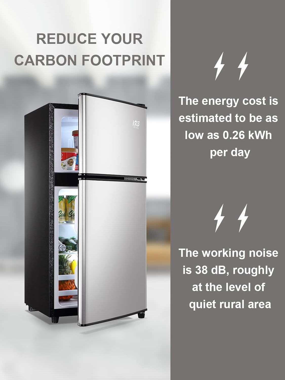 KRIB BLING 3.5 Cu.Ft Mini Fridge,Small Refrigerator 7 Level Adjustable Thermostat Removable Shelves with Stainless Steel 2 door for Office Dorm Apartment Silver