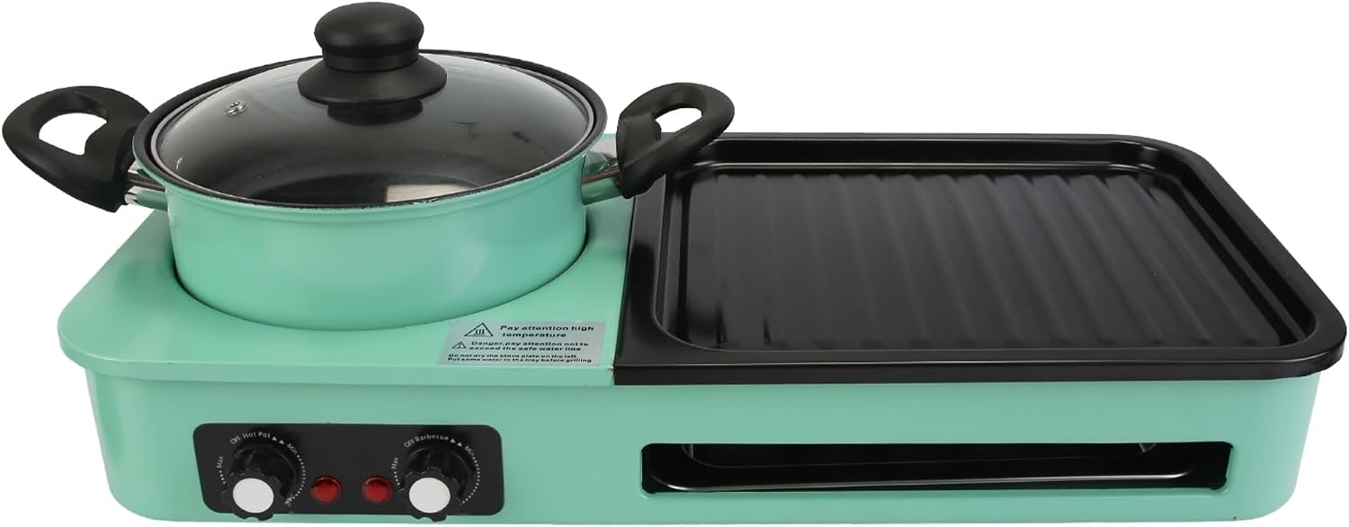 Casafoyer 3 in 1 Electric Hot Pot with Grill 1600W Smokeless Non-Stick Korean BBQ Grill Shabu Shabu Hot Pot Combo with Independent Temperature Control for 3-5 P