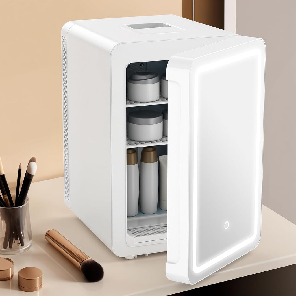 advwin 20L Mini Skincare Fridge with Dimmable LED Light Mirror, Makeup Fridge for Cooler & Warmer, Cosmetics, Beauty, Food & Drinks, Portable Small Refrigerator for Bedroom, Office, Dorm (20L white)