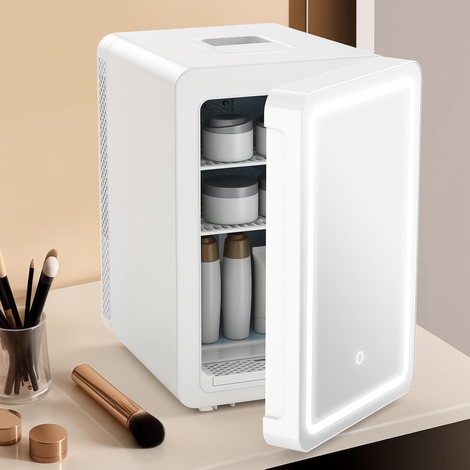 advwin 20L Mini Skincare Fridge with Dimmable LED Light Mirror, Makeup Fridge for Cooler & Warmer, Cosmetics, Beauty, Food & Drinks, Portable Small Refrigerator for Bedroom, Office, Dorm (20L white)