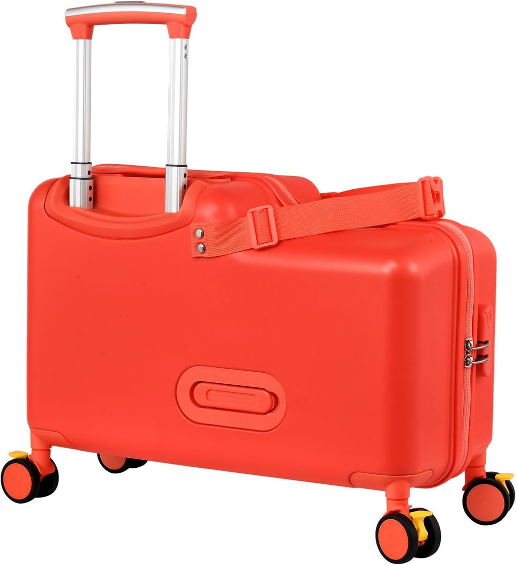 Kids Ride On Suitcase | 20 Inch Kid Carry-On Luggage with Seat, Folding Handlebar & Adjustable Belt | Fun Rideable Travel Case for Boys & Girls, Ideal for Airplane Travel