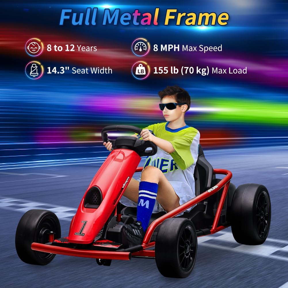 Go Kart, Big Kids Electric Karts, 24v 2 x 300w 8MPH Support for Smooth Slew Drift with Slow Start and Seat Belt for Double Protection, with Musical Horns, Maximum Load 180Lbs, for Kids 8-11 Year