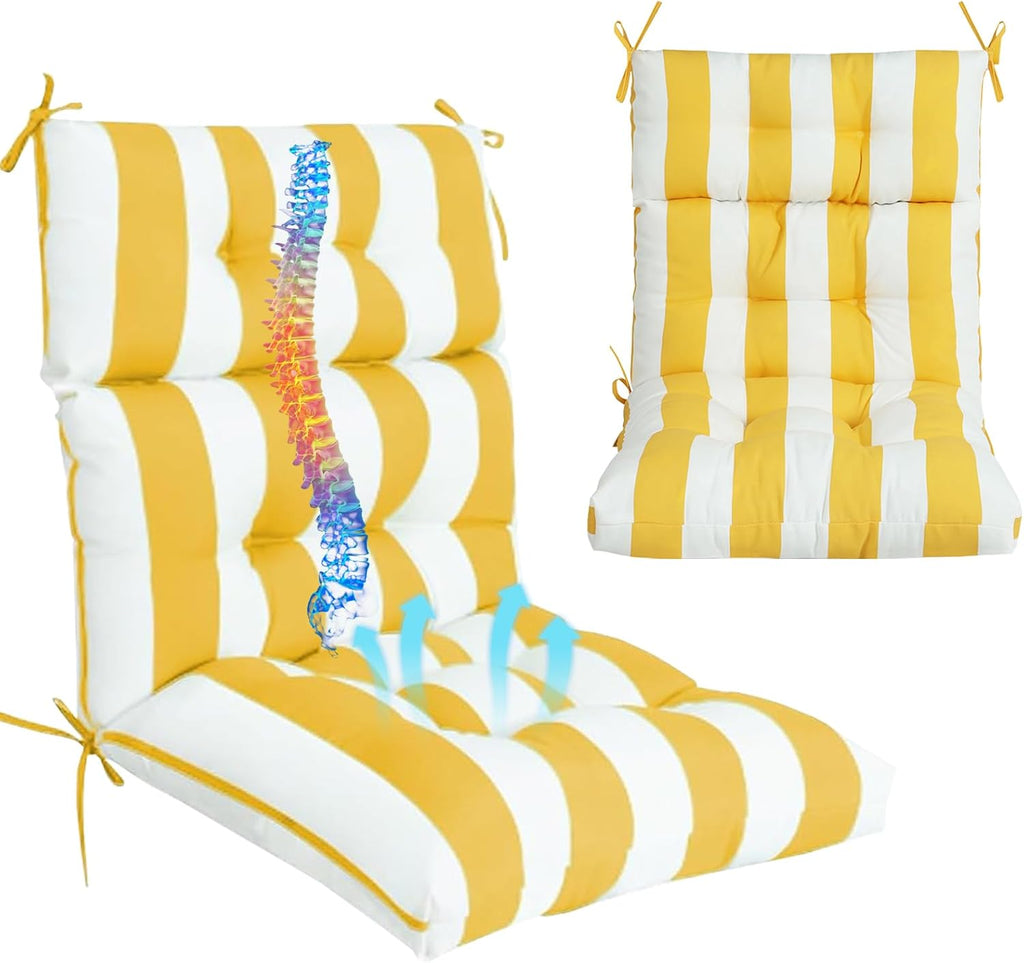 Outdoor High Back Chair Cushions 2-Pack, 44'x22'x 4' Fade-Resistant Waterproof Tufted Pads with Ties for Patio Rocking & Adirondack Chairs (Yellow White)