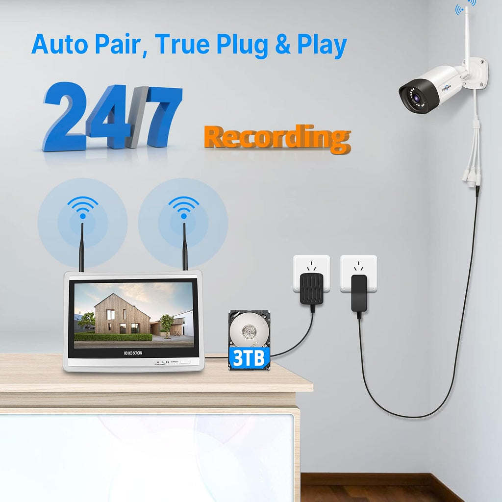 Hiseeu 5MP Wireless Security Camera System with 12' LCD Monitor, 3TB HDD, 10CH 8MP NVR, 2-Way Audio, Color Night Vision, Motion Detection, 24/7 Recording, Expandable Home CCTV Kit, Plug & Play