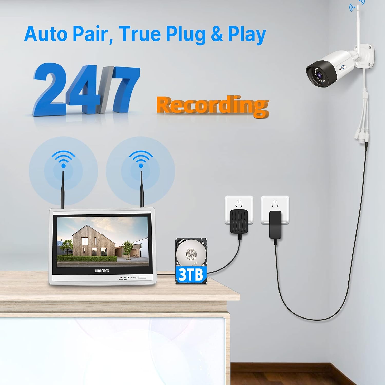 Hiseeu 5MP Wireless Security Camera System with 12' LCD Monitor, 3TB HDD, 10CH 8MP NVR, 2-Way Audio, Color Night Vision, Motion Detection, 24/7 Recording, Expandable Home CCTV Kit, Plug & Play
