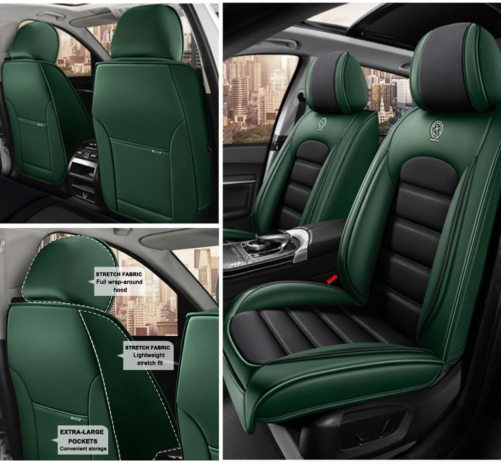 2 Seat Covers for Subaru Outback 2000-2024 Leather Car Seat Covers Waterproof Anti-Slip Soft Car Seat Protectors Comfort Automotive Seat Covers with Airbag（Standard,Black+Green）