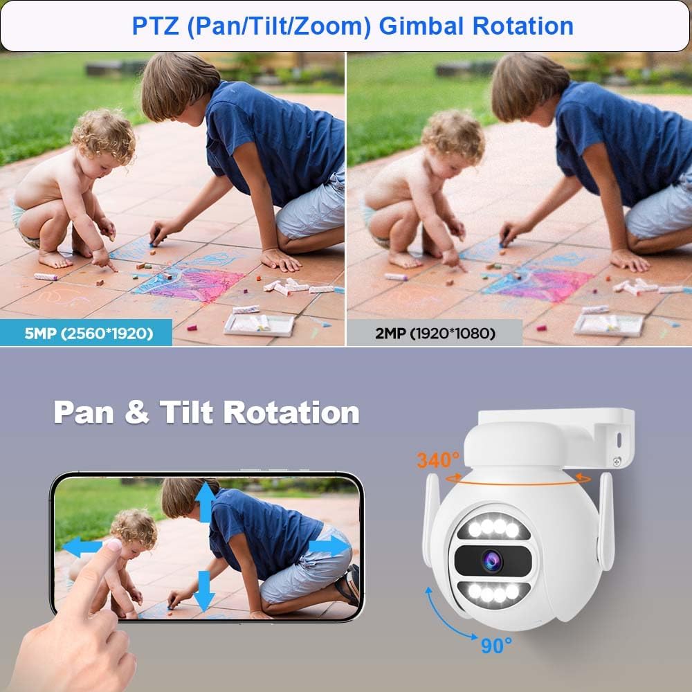 [Auto Tracking Alert 360° PTZ & 2-Way Audio] 8CH Plug&Play Wireless Cameras for Home Security, 4x1920P 5MP IP67 IR&Full Color Night Vison AI Motion Detection, 1TB HDD 24/7 Recording Remote Control