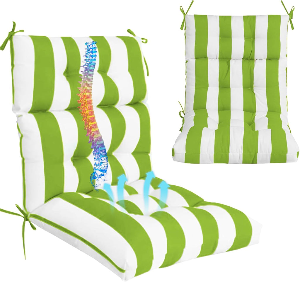 Outdoor High Back Chair Cushions 2-Pack, 44'x22'x 4' Fade-Resistant Waterproof Tufted Pads with Ties for Patio Rocking & Adirondack Chairs (Green White)