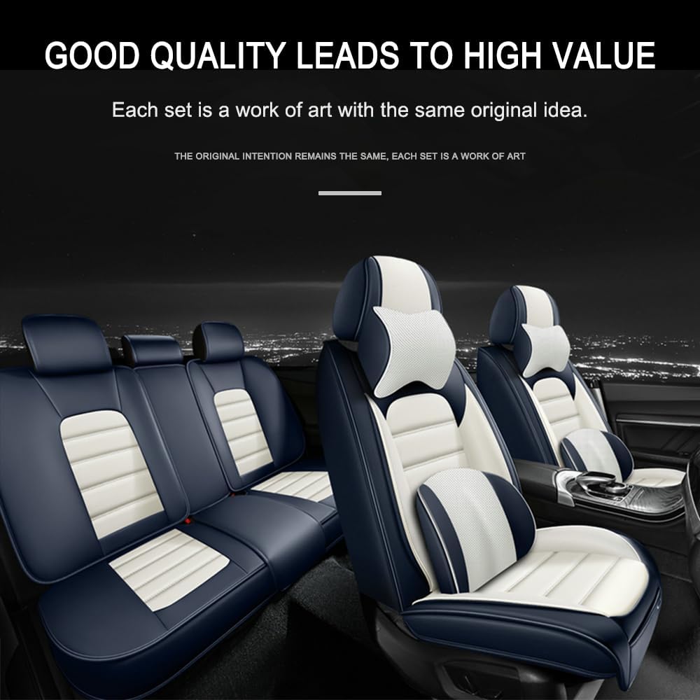 5 Seat Covers for Mini Cooper/Countryman/One Leather Car Seat Covers Waterproof Non-Slip Soft Seat Protectors Comfort Auto Seat Covers with Airbag（Luxury,White+Blue）