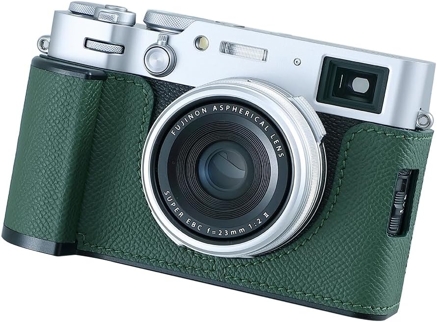 Camera Half Case for Fujifilm Fuji X100VI,Vintage Metal Genuine Leather Instant Camera Protective Cases Stylish Portable Shockproof (GreenD)