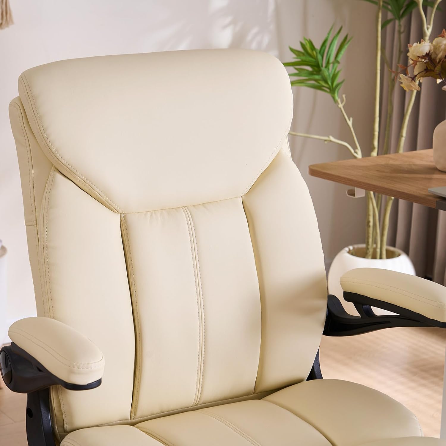 Office Chair, Ergonomic Computer Chair with Flip-up Arms Home Desk Chairs Comfy PU Leather Executive Mid Back Support Adjustable Height Tilt Lock Swivel Rolling Wheels, Cream