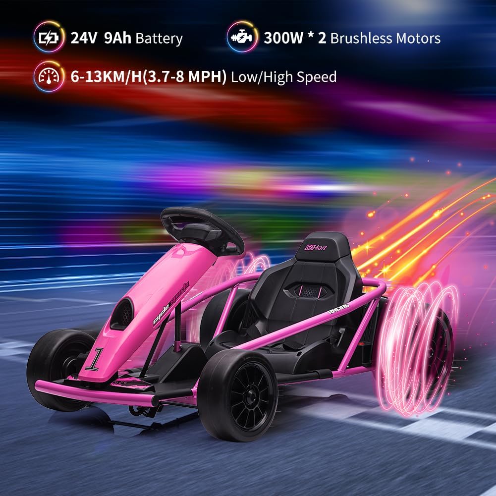Go Kart, Big Kids Electric Karts, 24v 2 x 300w 8MPH Support for Smooth Slew Drift with Slow Start and Seat Belt for Double Protection, with Musical Horns, Maximum Load 180Lbs, for Kids 8-11 Year