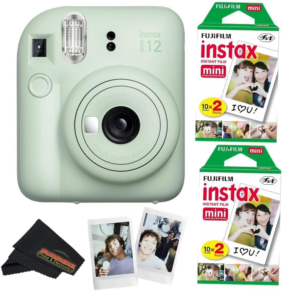Fujifilm Instax Mini 12 Camera with Fujifilm Instant Mini Film (40 Sheets) Bundle with + Sunshine Photo Microfiber Cleaning Cloth (Mint Green)