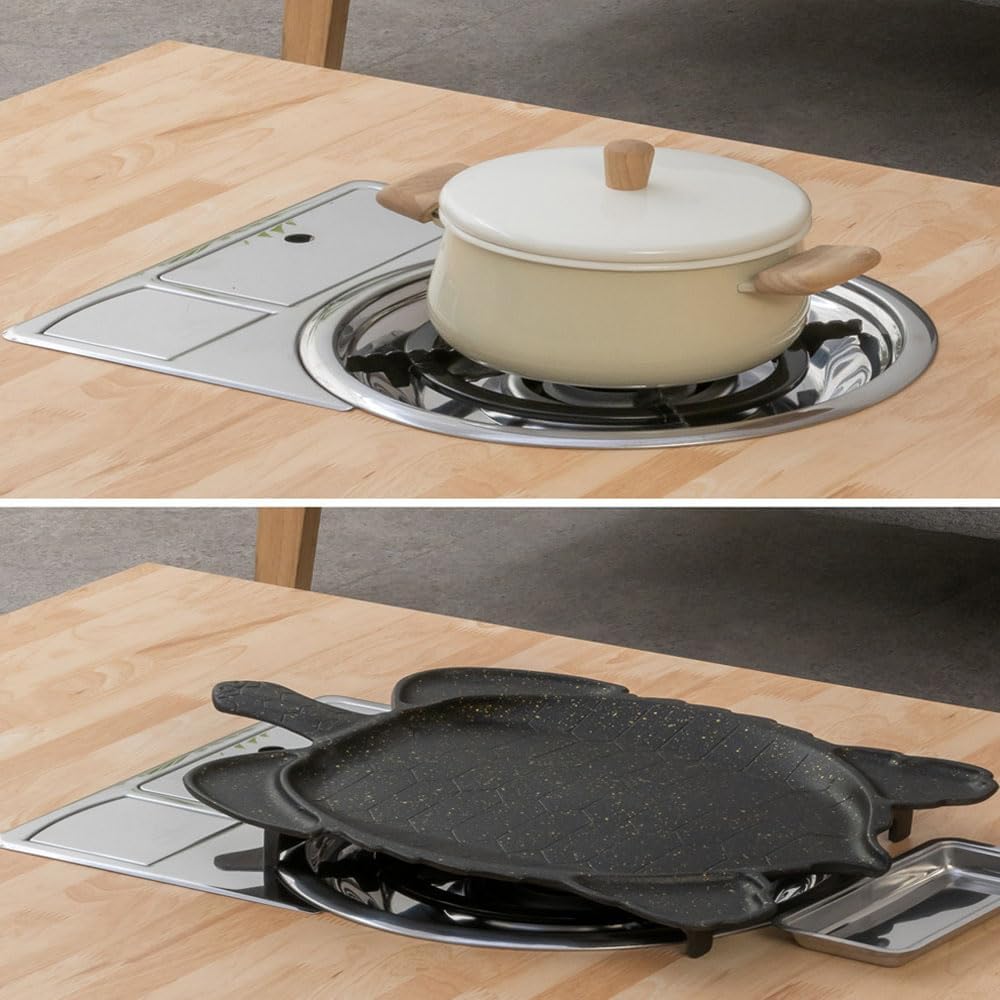 Korean BBQ Grill Table, Low Floor Folding Dining Table with Built-in Gas Stove, Portable Tatami Style for Indoor Cooking, Made in Korea (Merbau)