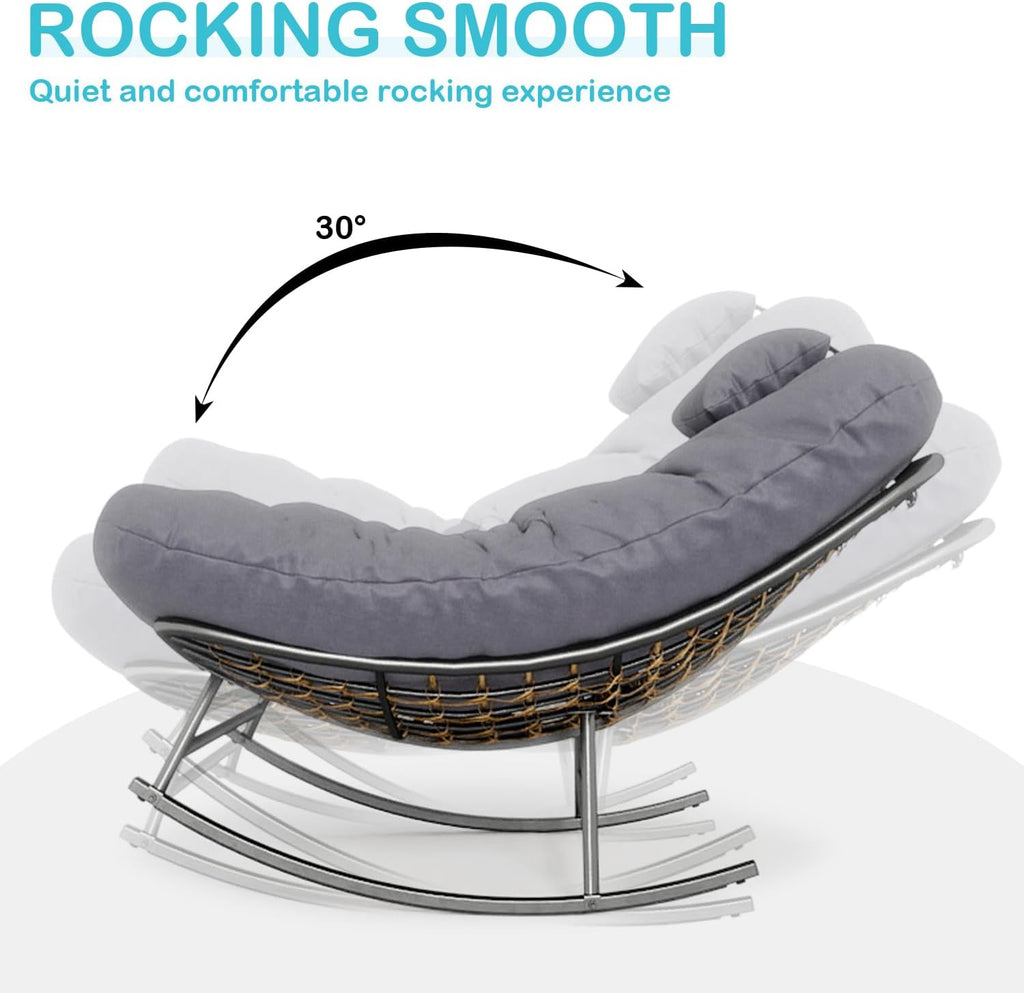 ROCSUMOO Double Outdoor Rocking Papasan Chair, Oversized Rocking Chair for 2-Person, Loveseat Rocker with Soft Cushion & Rattan Frame, Large Lounge for Patio Garden Balcony (Gray)