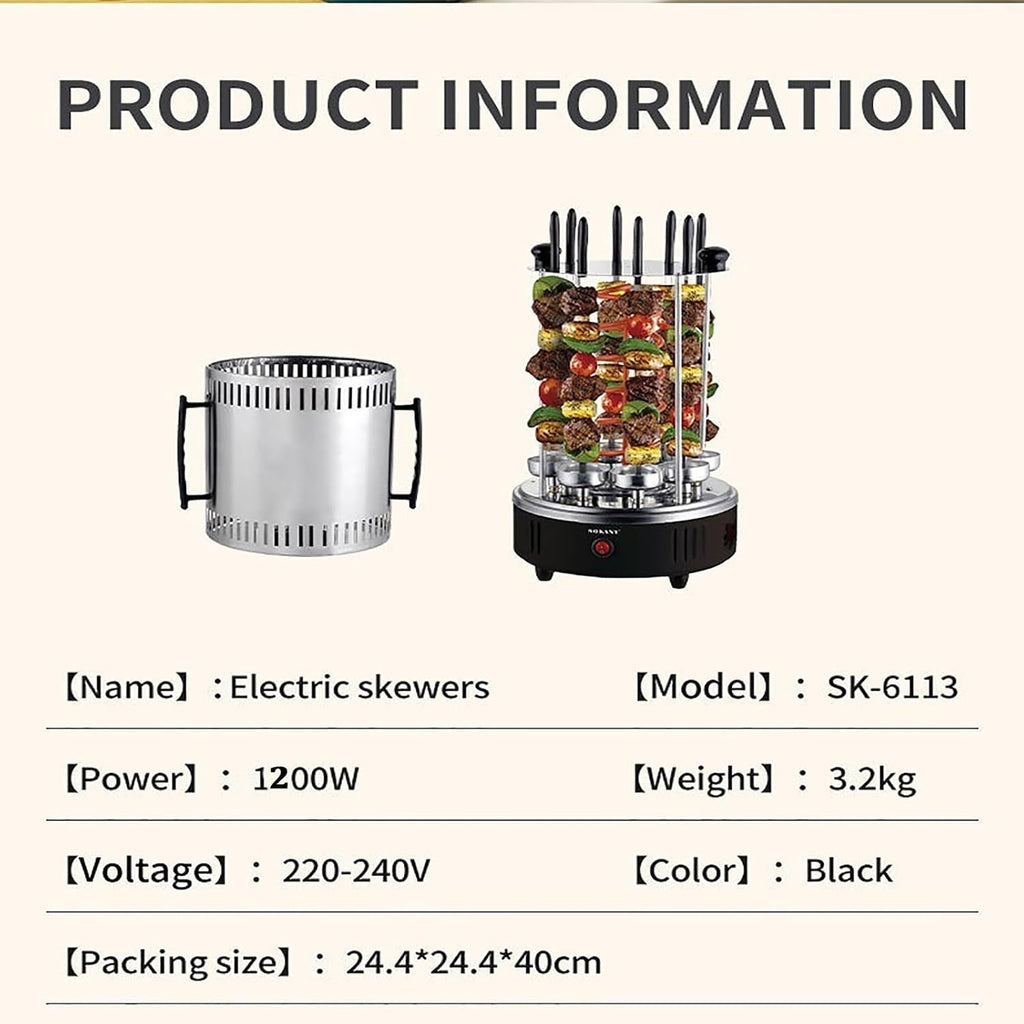 Electric Vertical Rotisserie Grill, Smokeless BBQ Rotating Rotisserie with Timer, Automatic Grill for Kebabs, 8 Forks Included, Perfect for Outdoor Cooking and Family Gatherings