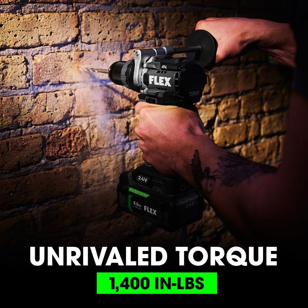 FLEX 24V Brushless Cordless 1/2-Inch 1,400 In-Lbs Torque 2-Speed Hammer Drill Turbo Mode Kit with 2.5Ah, 5.0Ah Lithium Batteries and 160W Fast Charger - FX1271T-2B