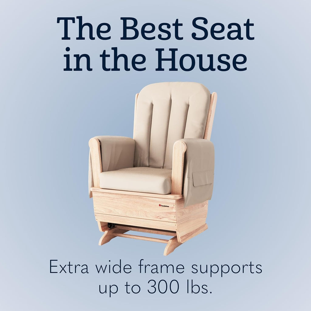 Foundations SafeRocker Standard Glider Rocker - Baby Feeding and Rocking Chair for Nursery, Daycare Environment - Nursery Rocking Chairs with Wood Skirt Base - Tan Vinyl