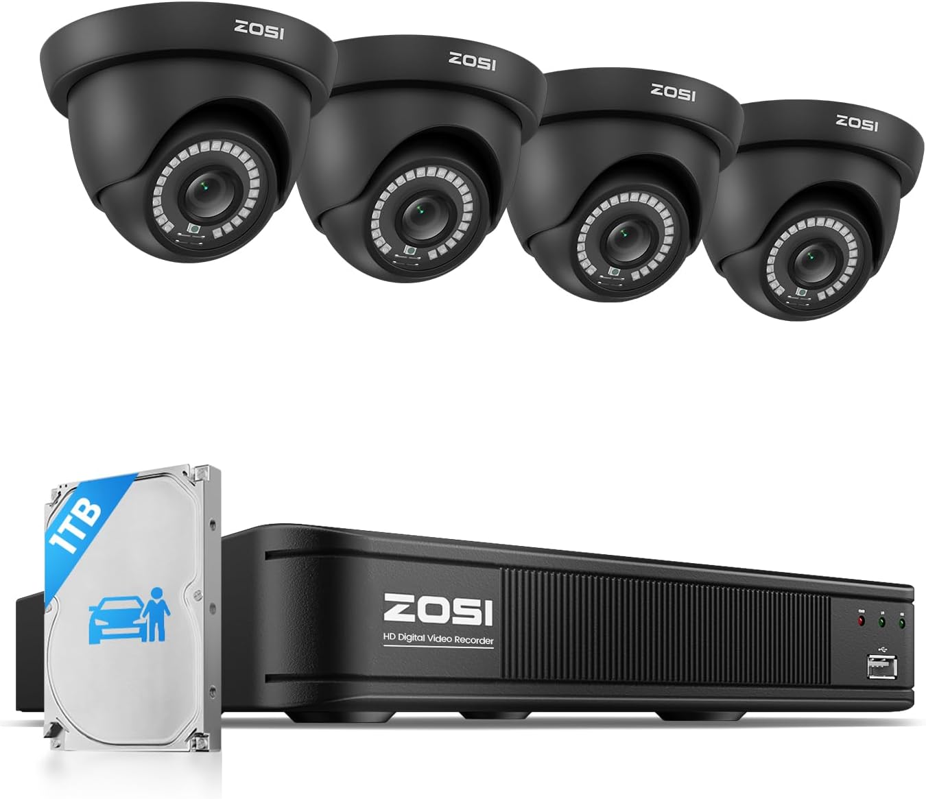 ZOSI 5MP Lite 8 Channel H.265+ Home Security Camera System, 8CH 5MP Surveillance DVR, Human Vehicle Detection, 4 x 1920TVL(2MP) Weatherproof CCTV Dome Camera Outdoor Indoor, 80ft Night Vision, 1TB HDD