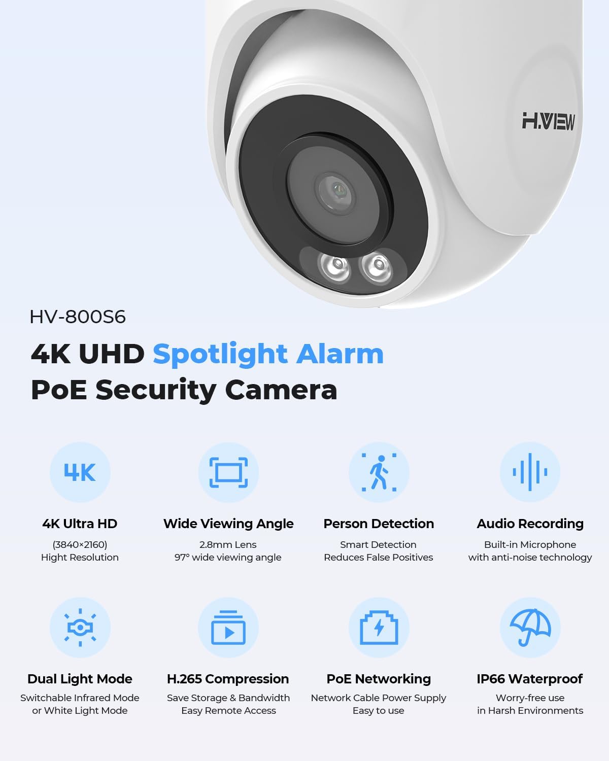 H.VIEW 4K/8.0 Megapixel PoE Outdoor Home Security Camera System Wired Outdoor Video Surveillance IP Cameras System，Ultra Wide-Angle &Audio，8CH NVR 4TB HDD