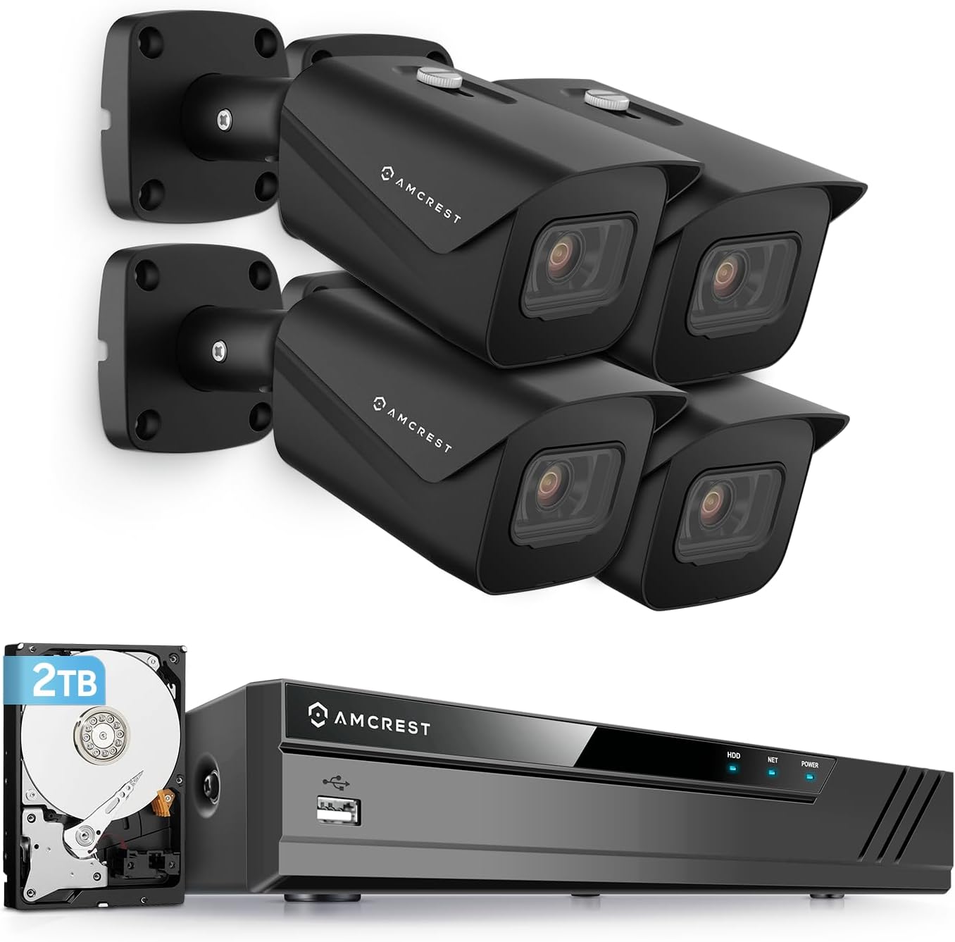 Amcrest 4K Security Camera System w/ 4K 8CH PoE NVR, (4) x 8-Megapixel IP67 Weatherproof Metal Bullet POE IP Cameras, 2.8mm Lens, Pre-Installed 2TB Hard Drive, NV4108E-IP8M-2496EB4-2TB (Black)