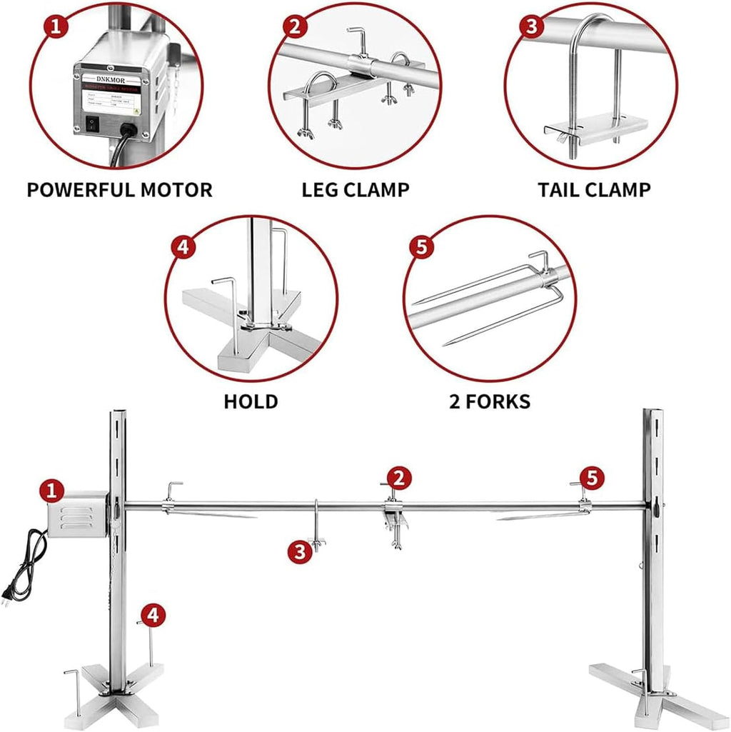 Tripod Rotisserie Stand, 15W BBQ Rotisserie Kit with Electric Motor, 360° Automatic Rotation, 5 Levels Height Adjustable and Load-Bearing 30KG, Even Grilling, for Outdoor Picnics, Camping