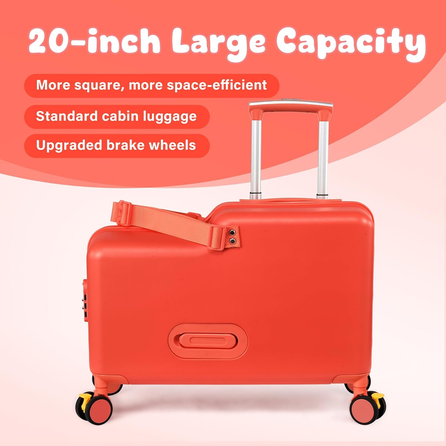 Kids Ride On Suitcase | 20 Inch Kid Carry-On Luggage with Seat, Folding Handlebar & Adjustable Belt | Fun Rideable Travel Case for Boys & Girls, Ideal for Airplane Travel