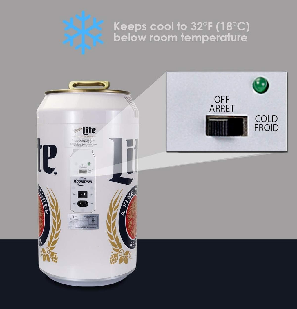 Miller Lite Mini Fridge - Refrigerator for Bedroom Office, Portable Table Top Beverage Cooler, 12V 110V Refrigerador For Drinks, Soda, Wines, Use In Car, Outdoor, Patio, 8 Can