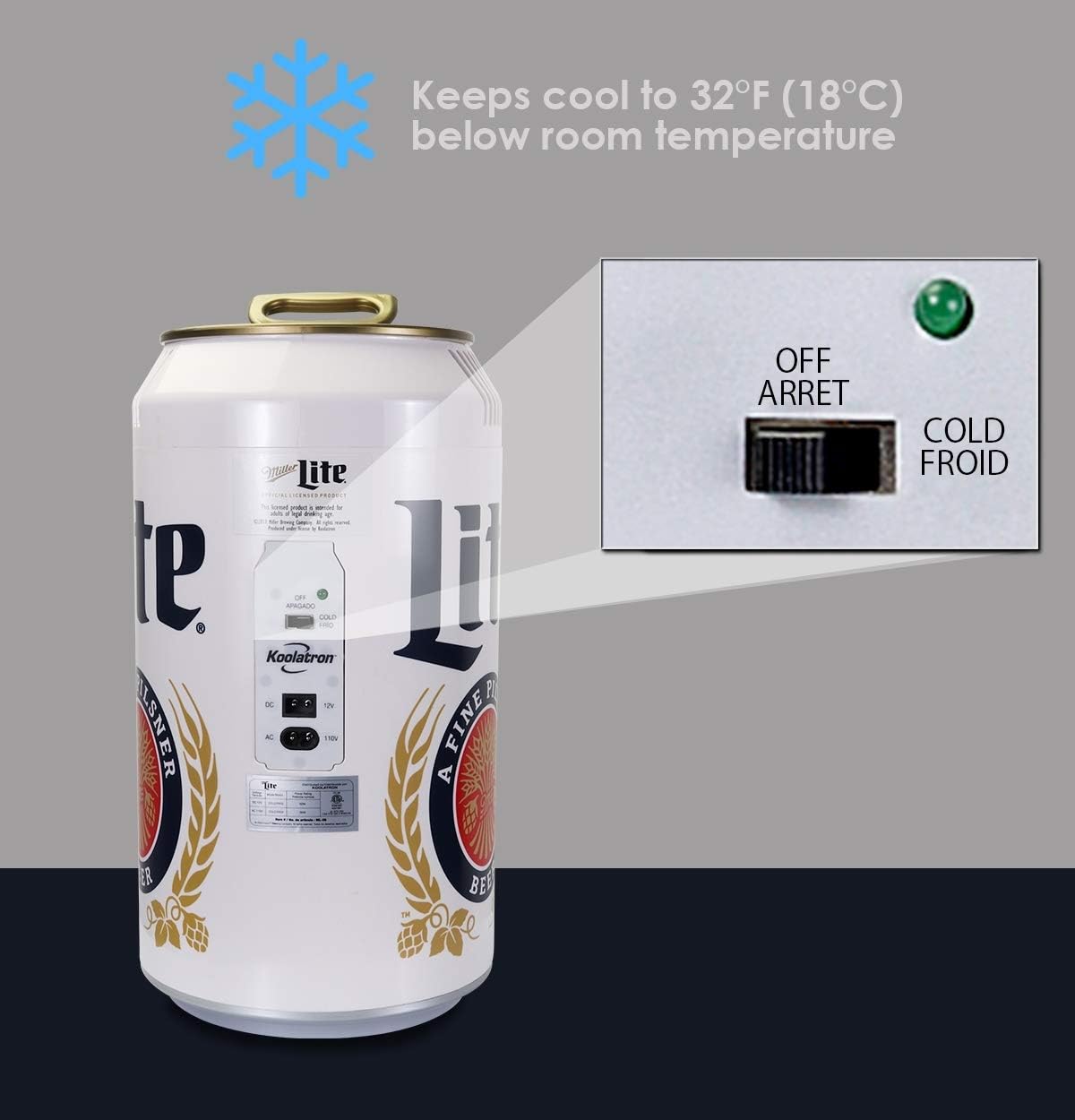 Miller Lite Mini Fridge - Refrigerator for Bedroom Office, Portable Table Top Beverage Cooler, 12V 110V Refrigerador For Drinks, Soda, Wines, Use In Car, Outdoor, Patio, 8 Can