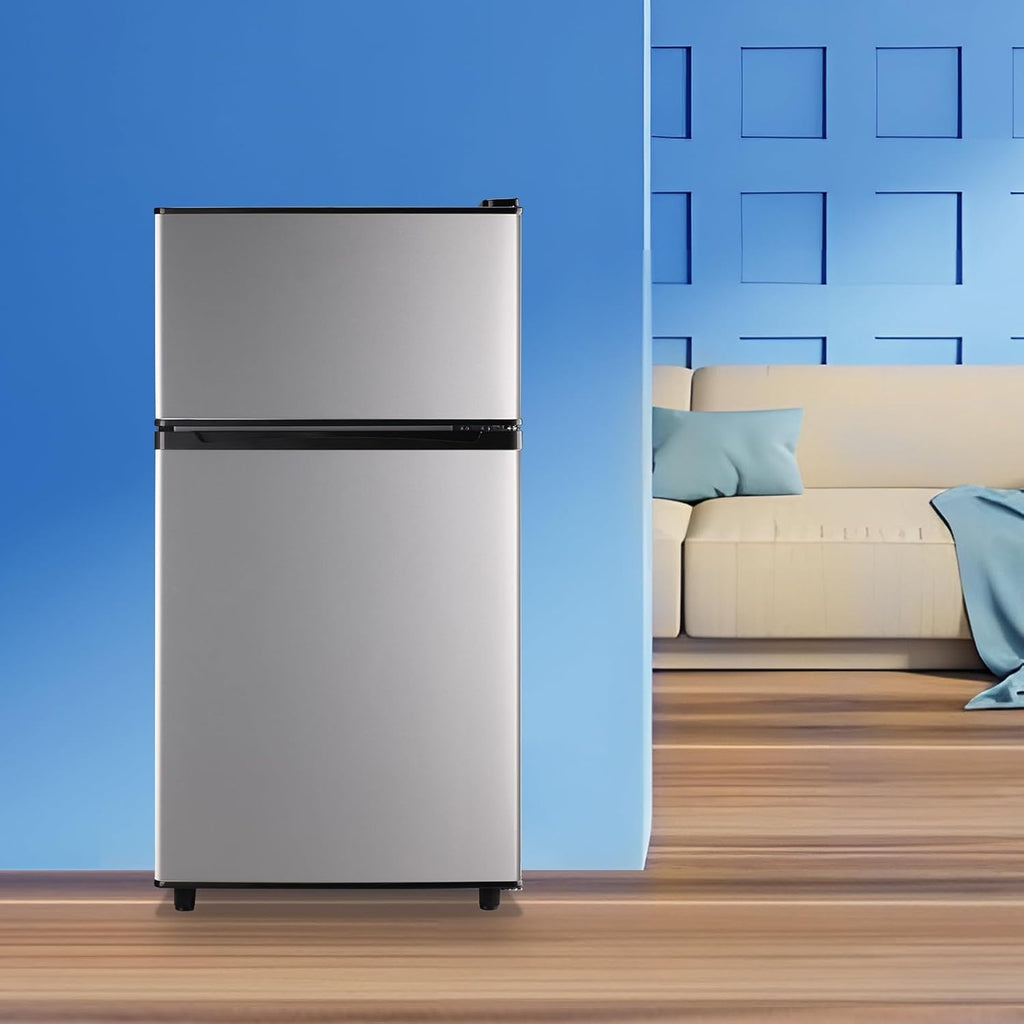 WANAI 100L Mini Fridge with Freezer Compact Refrigerator with Freezer, 7 Level Adjustable Thermostat and 2 Removable Shelves Freestanding Small Refrigerator for Office Dorm Apartment (Silver)
