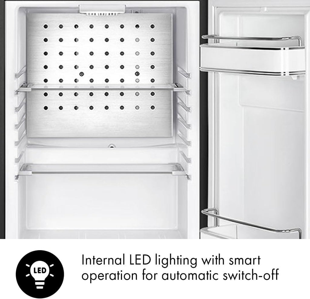 Smeg FAB5 16' 50's Retro Style Series Compact Cooler with 1.5 cu. ft. Capacity Automatic Defrost LED Interior Lighting and Adjustable Shelves Right Hand Hinge Made in Italy (Black)