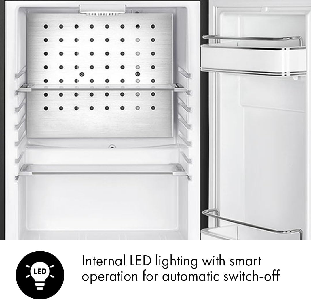 Smeg FAB5 16' 50's Retro Style Series Compact Cooler with 1.5 cu. ft. Capacity Automatic Defrost LED Interior Lighting and Adjustable Shelves Right Hand Hinge Made in Italy (Black)