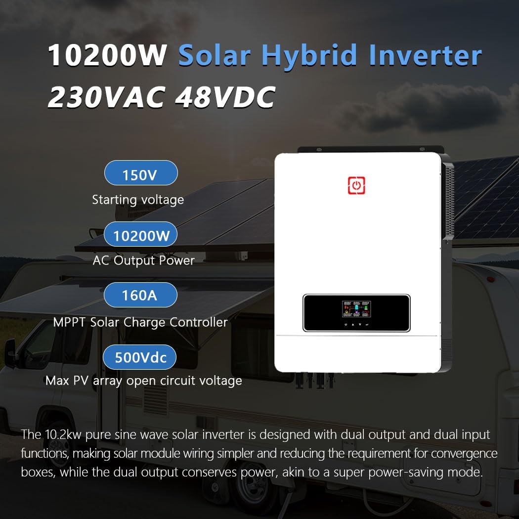 Y&H 10.2KW On/Off Grid Solar Hybrid Inverter Built-in 160A Charge Controller PV Max 500V Input DC48V to AC230V Pure Sine Wave Inverter for Home Energy Storage RV Shed Off-Grid System