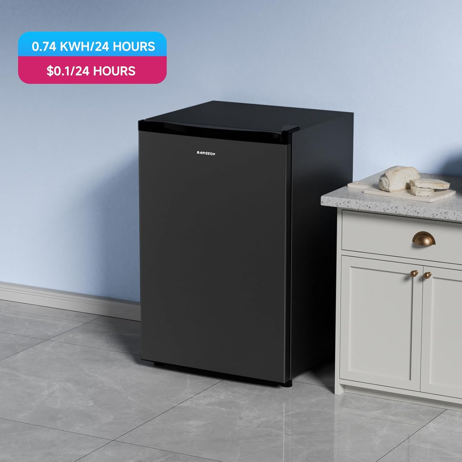 BANGSON 3.0 Cu.ft Compact Upright Freezer, Energy-Saving Mini Freezer with Adjustable Thermostat, Removable Shelves, Reversible Door, Ideal for Dorm/Office/Apartment, Black