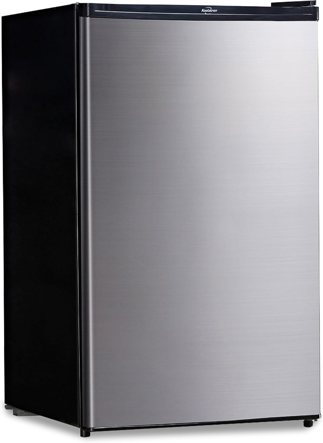 Koolatron Stainless Steel Compact Fridge with Freezer, 4.4 cu ft (124L), Silver and Black, Flat Back, Reversible Door, for Snacks, Frozen Meals, Beverages, Beer, Den, Dorm, Office, Rec Room, Home Bar