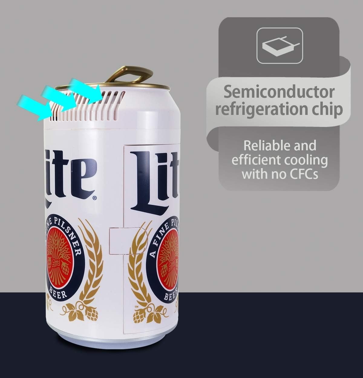 Miller Lite Mini Fridge - Refrigerator for Bedroom Office, Portable Table Top Beverage Cooler, 12V 110V Refrigerador For Drinks, Soda, Wines, Use In Car, Outdoor, Patio, 8 Can