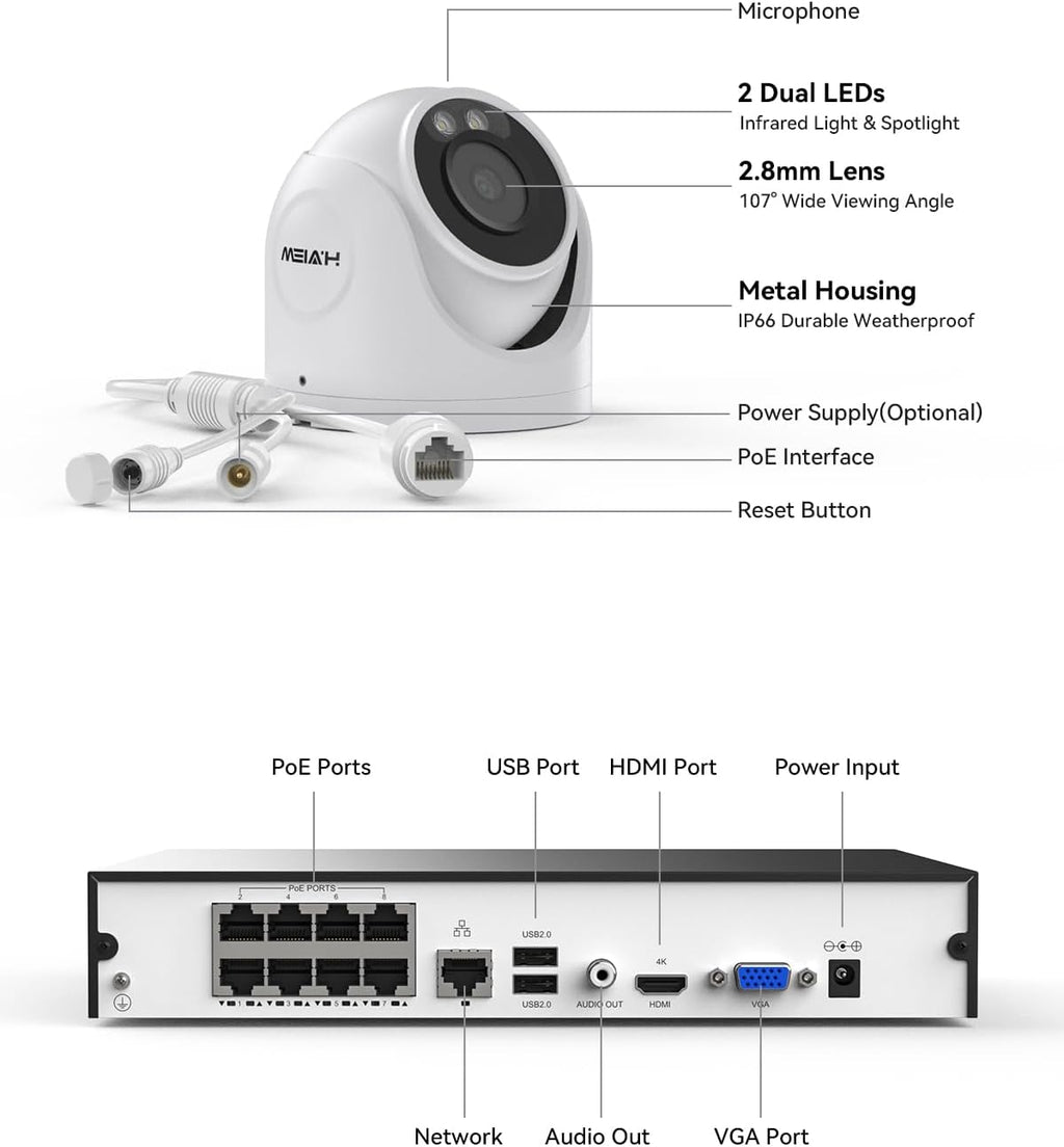 H.VIEW 8MP Security Camera System 4TB HDD, 8pcs POE Security Camera System 4k Outdoor, 8X 8MP Wired Outdoor IP Cameras with Two-Way Audio, Human AI Detection, Cameras System for Home Security
