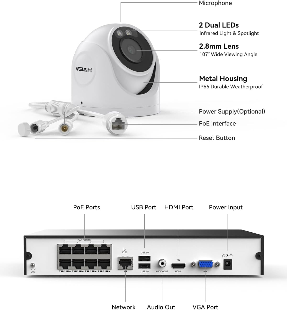 H.VIEW 8MP Security Camera System 4TB HDD, 8pcs POE Security Camera System 4k Outdoor, 8X 8MP Wired Outdoor IP Cameras with Two-Way Audio, Human AI Detection, Cameras System for Home Security