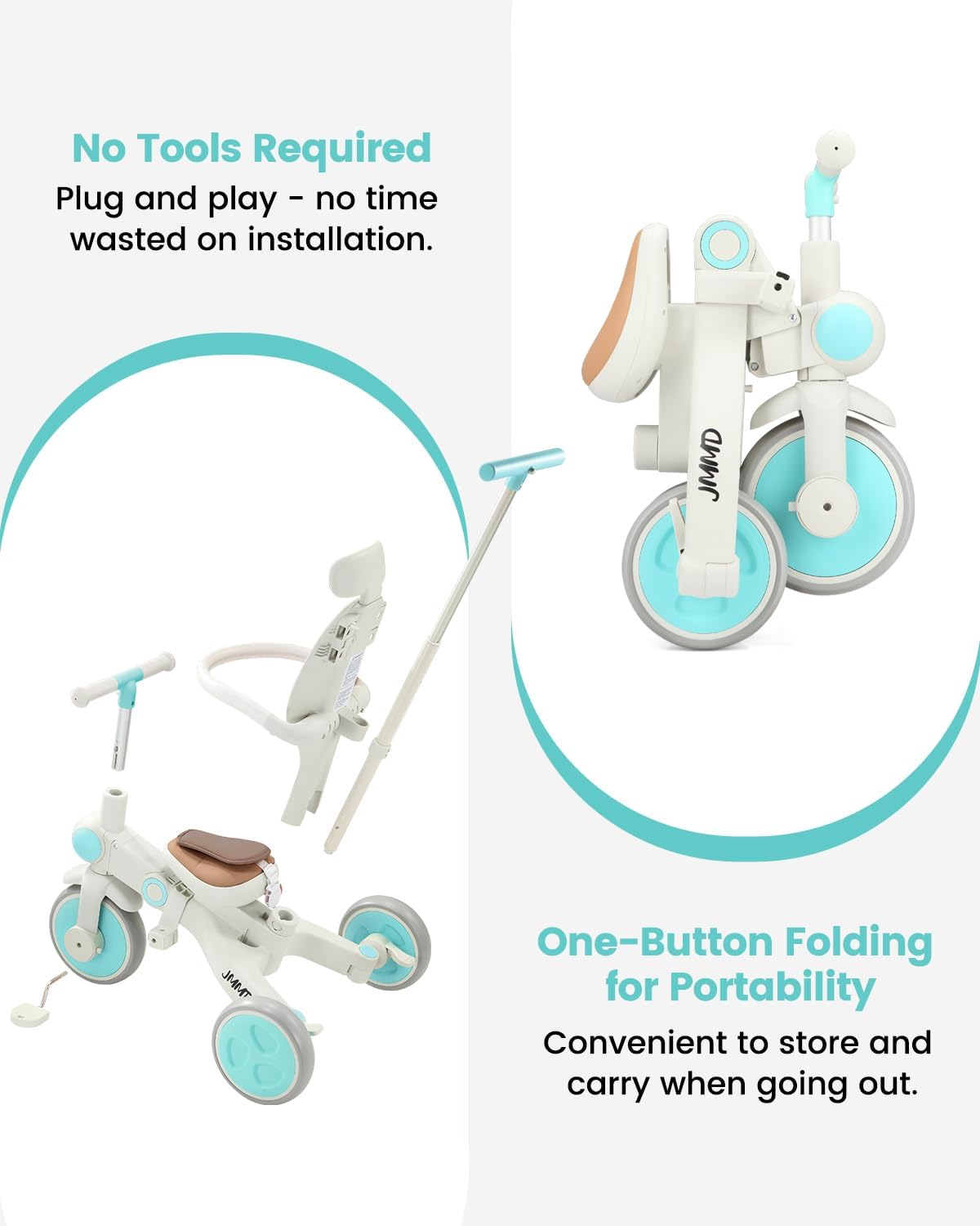 JMMD Baby Tricycle, 7-in-1 Multifunctional Kids Trike with Adjustable Parent Handle, Safety Harness & Wheel Brakes, Removable Canopy, Stroll Trike for Boys & Girls Ages 18 Months-5 Years, Mint