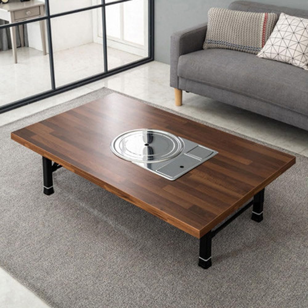 Korean BBQ Grill Table, Low Floor Folding Dining Table with Built-in Gas Stove, Portable Tatami Style for Indoor Cooking, Made in Korea (Merbau, L Size)