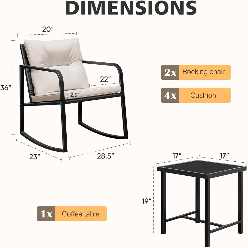 Flamaker Patio Chairs 3 Piece Wicker Rocking Chair Outdoor Bistro Sets with Coffee Table and Cushions Metal Frame Patio Furniture for Porch, Balcony, Lawn (White)